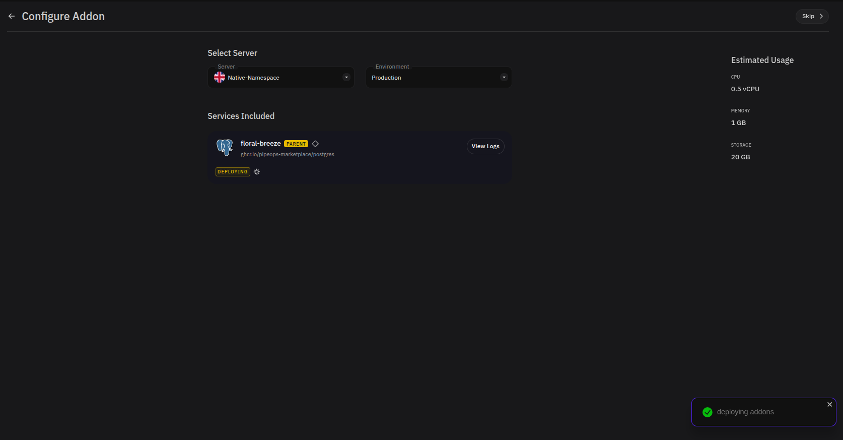 Configure Add-on page showing a service card in Deploying status with View Logs option