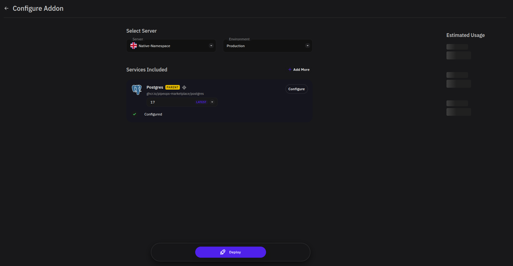 Configure Add-on page with server, environment, service card, estimated usage, and Deploy button