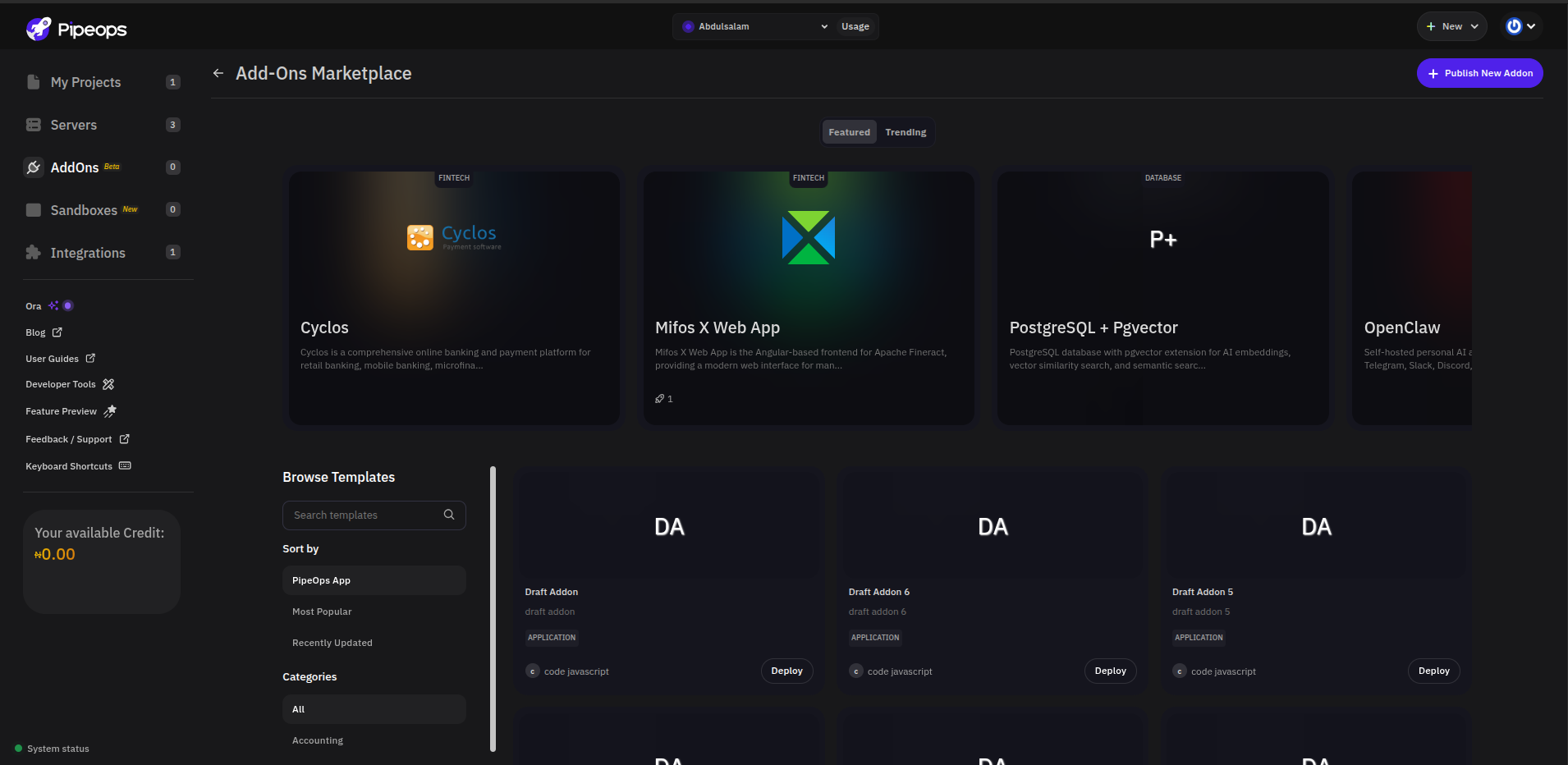 Add-ons Marketplace with featured add-ons, search, category filters, and Deploy buttons