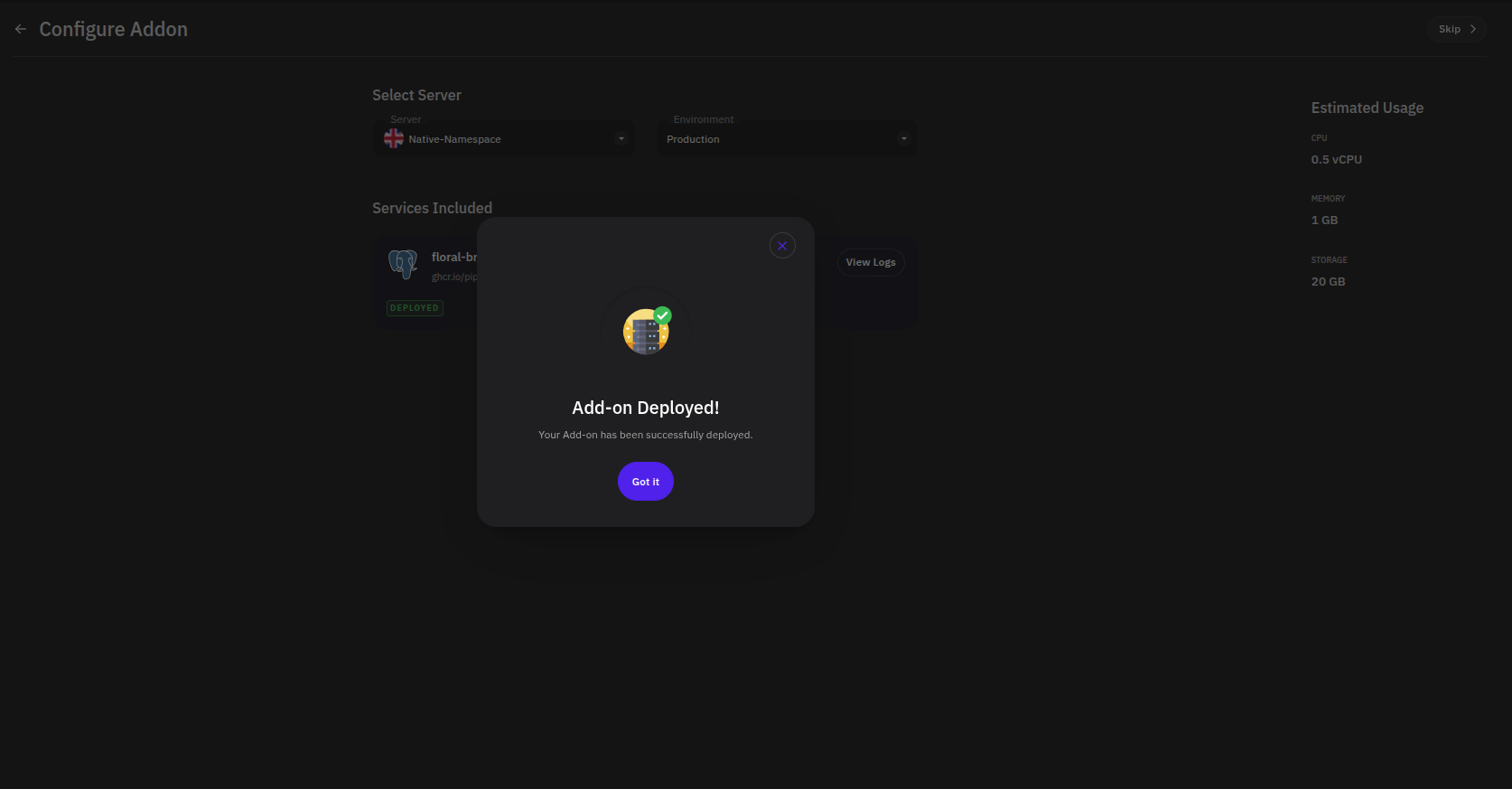 Add-on deployed success modal