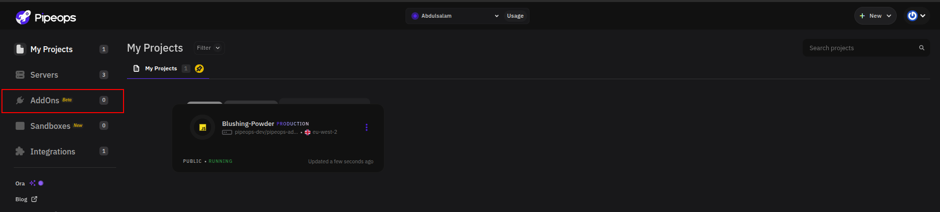 Add-ons option highlighted in the dashboard sidebar