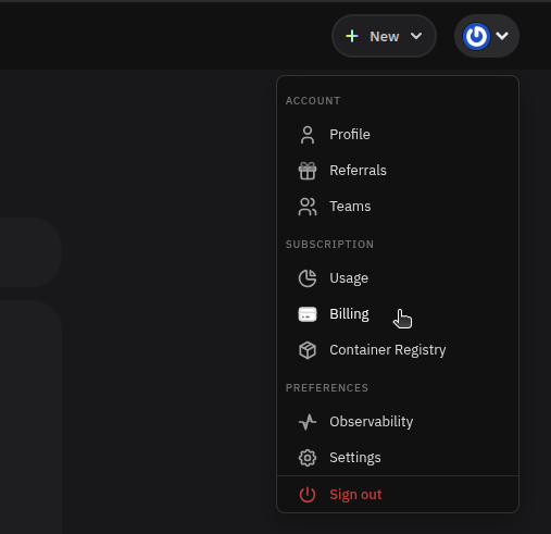 Account dropdown menu with Billing highlighted under the Subscription section
