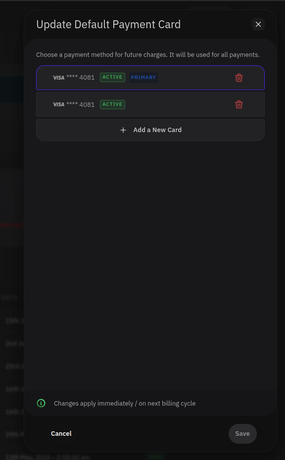 Update Default Payment Card dialog listing saved cards, Active and Primary badges, Add a New Card option, and Save and Cancel buttons