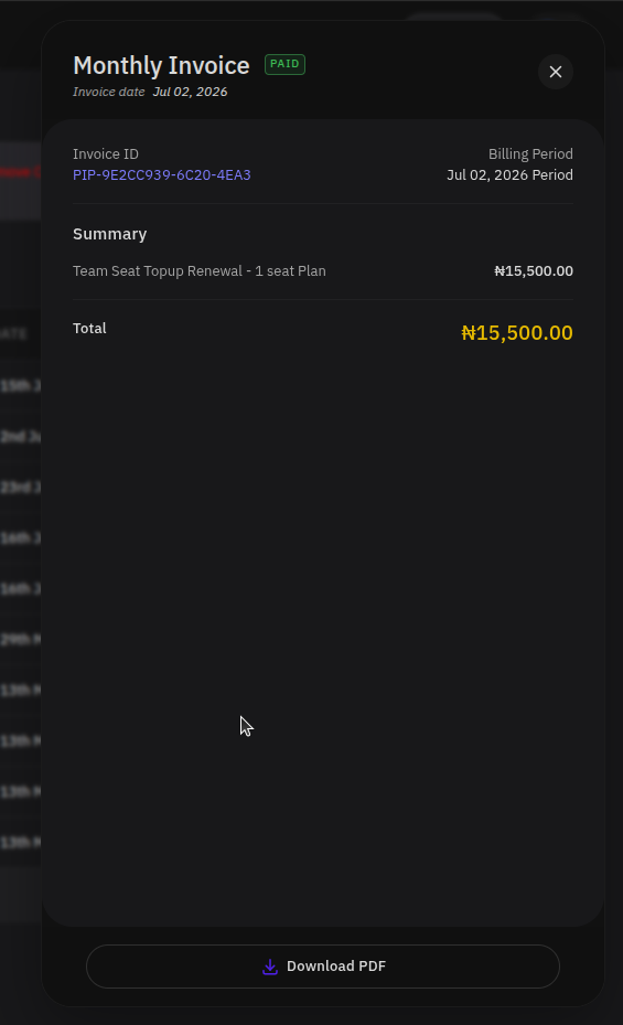 Monthly Invoice dialog showing invoice ID, invoice date, billing period, summary line items, total amount, and Download PDF button