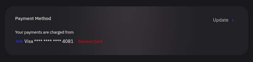 Payment Method section showing the saved default card, Remove Card link, and Update link