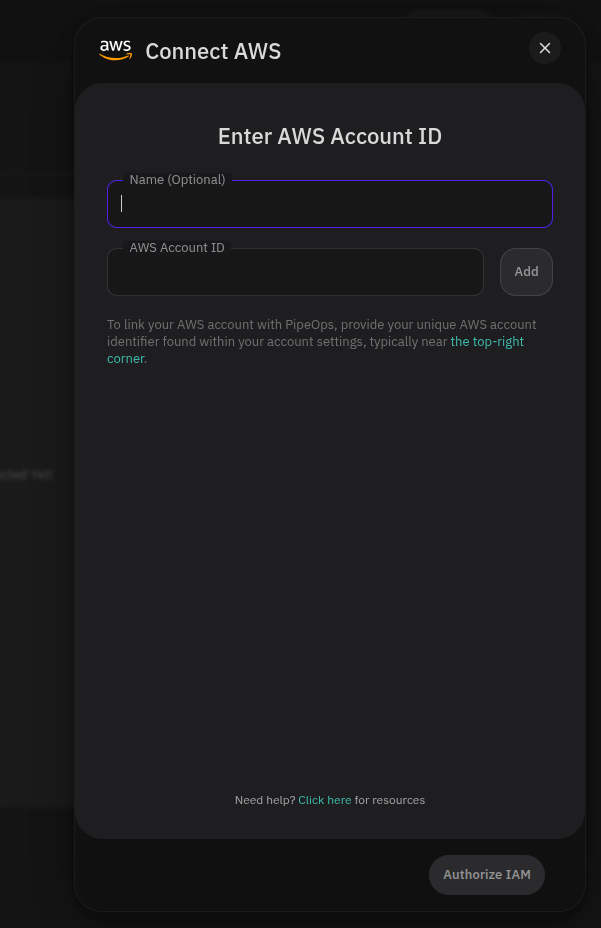 PipeOps AWS Connection screen