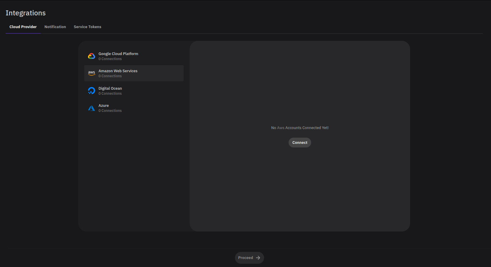 AWS selected from the integrations list