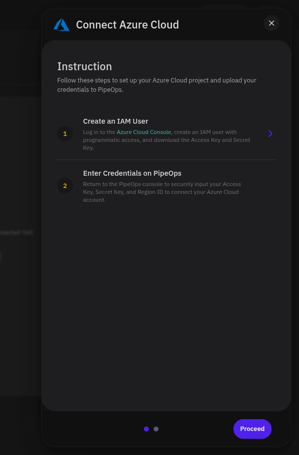 Connect Azure Cloud modal showing setup instructions