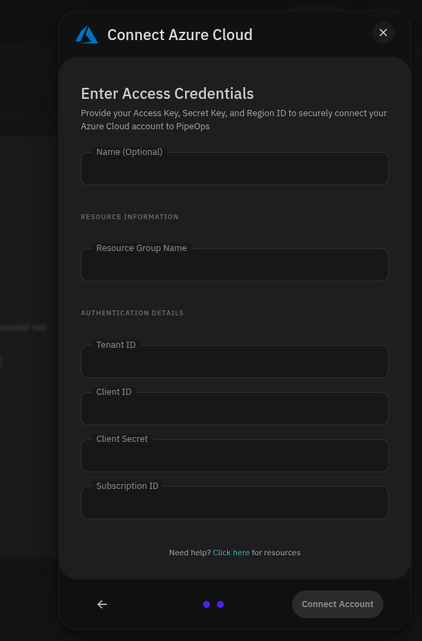 Connect Azure Cloud modal showing Enter Access Credentials form
