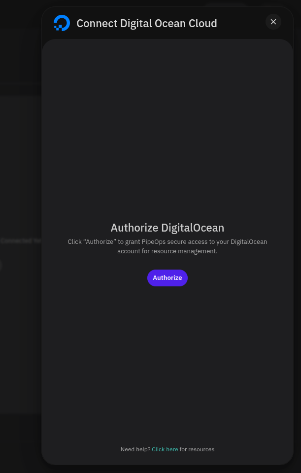 Connect Digital Ocean modal showing the Authorize button