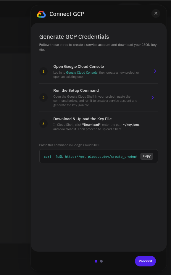 Connect GCP drawer showing Generate GCP Credentials steps and curl command