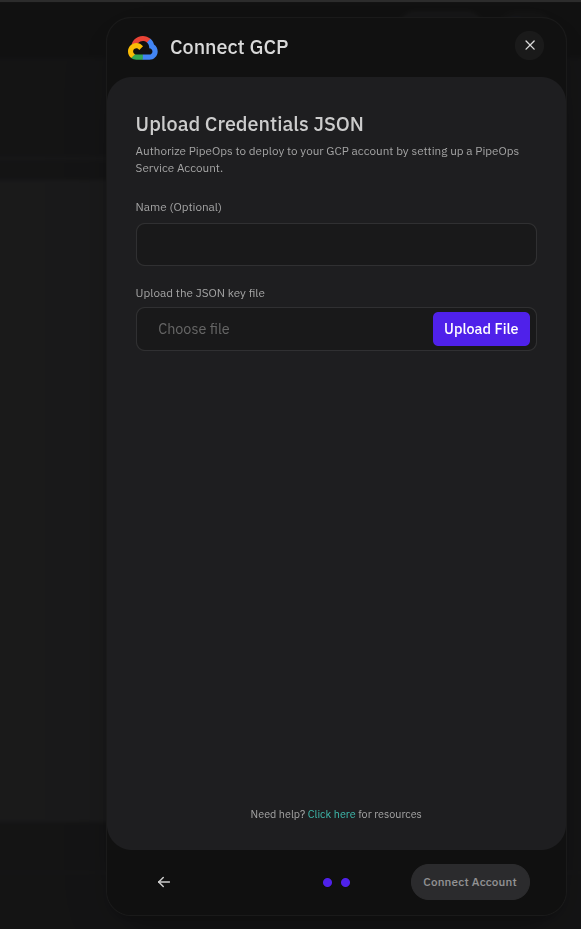 Connect GCP drawer showing Upload Credentials JSON screen