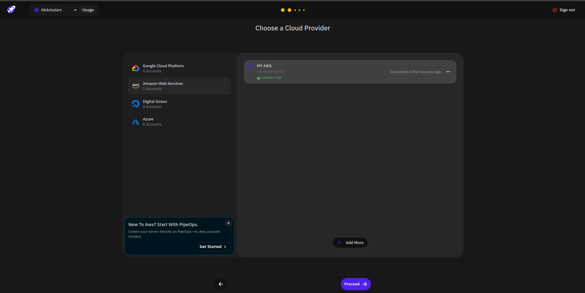 Connected AWS account in PipeOps