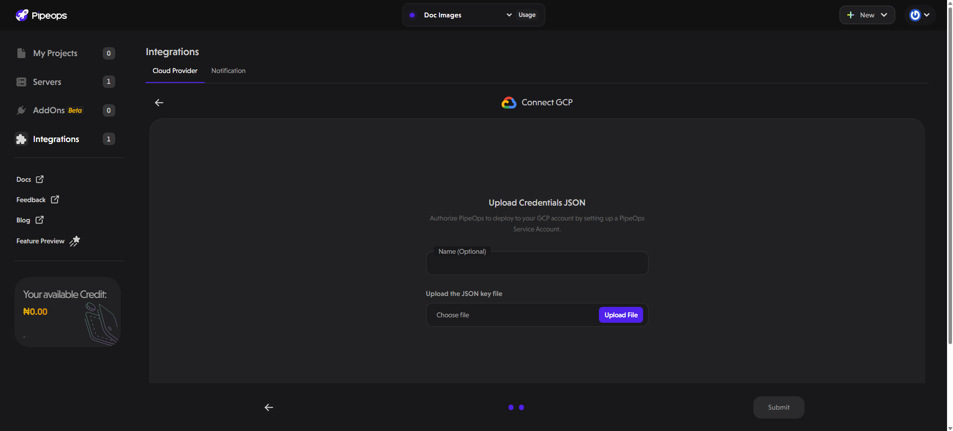 PipeOps GCP JSON Credentials Upload Screen