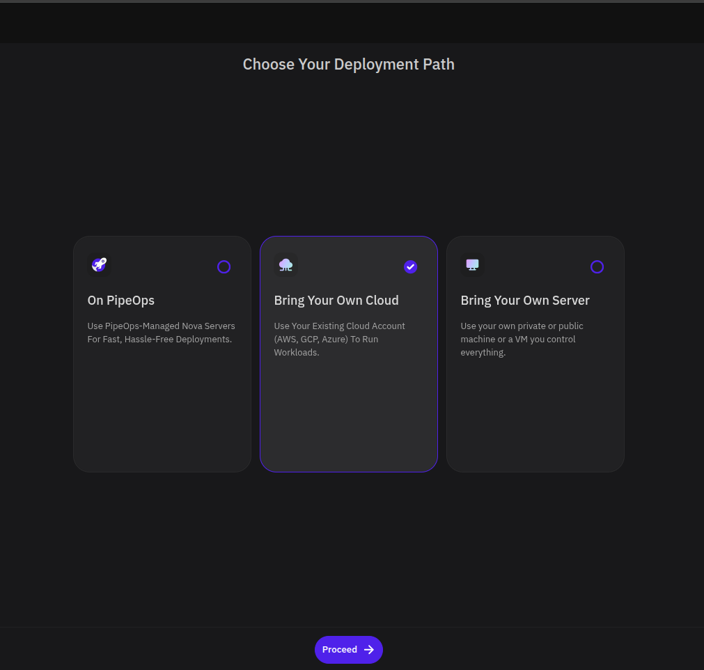 Choose Your Deployment Path page with Bring Your Own Cloud selected
