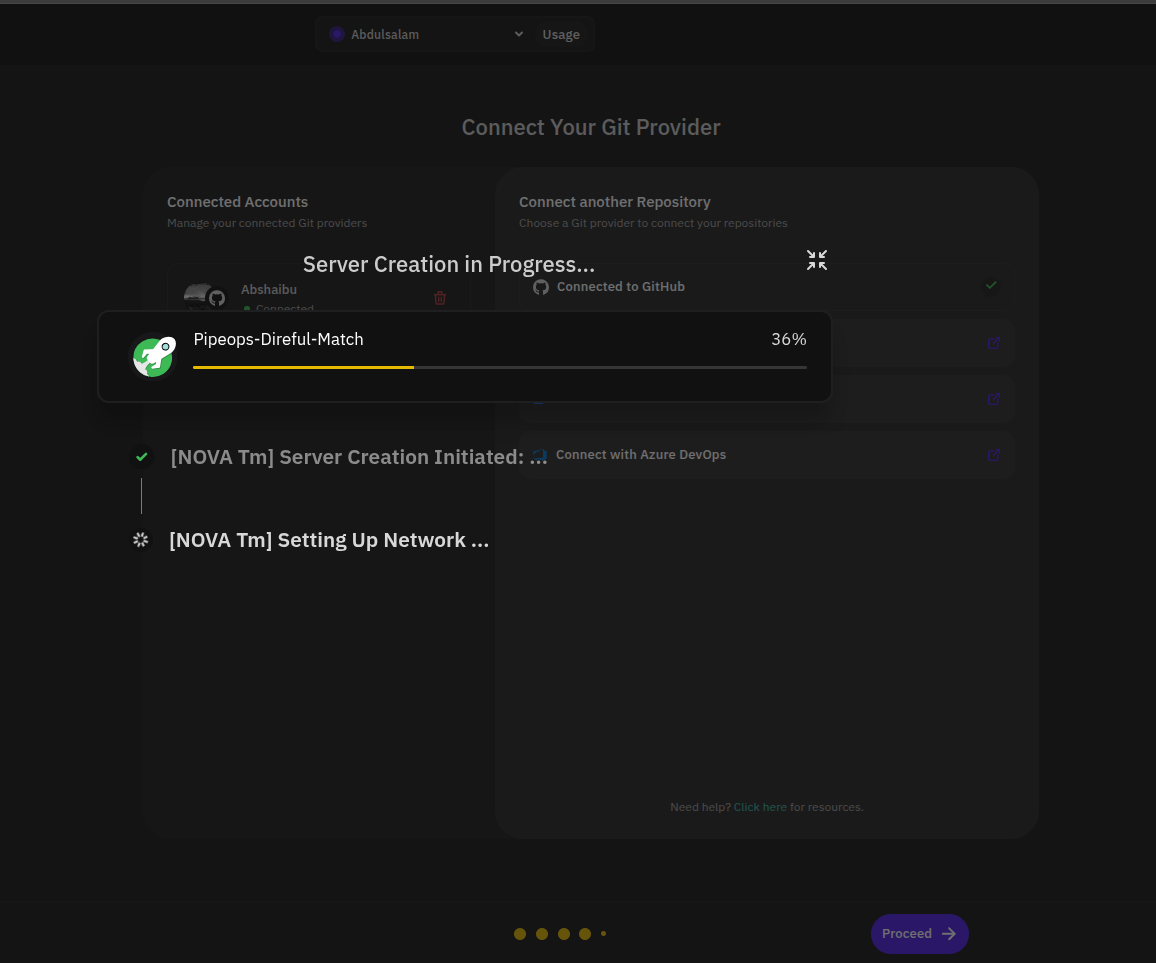 Server creation progress modal