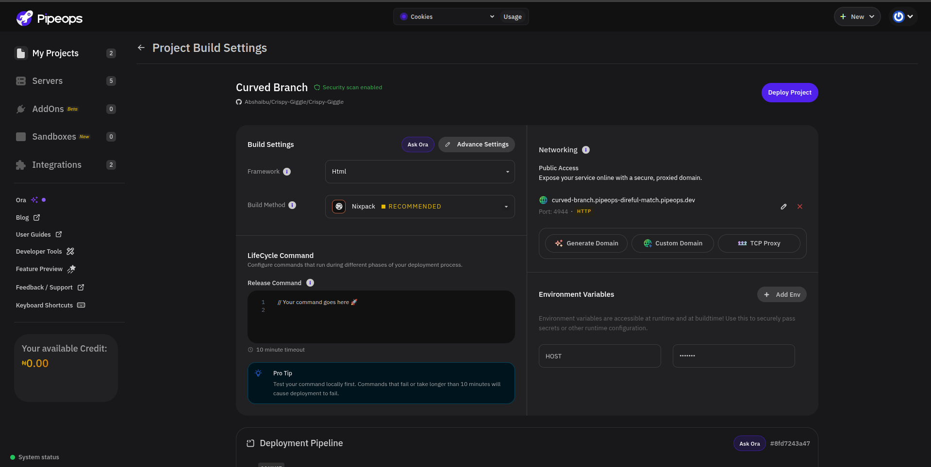 Project Build Settings page