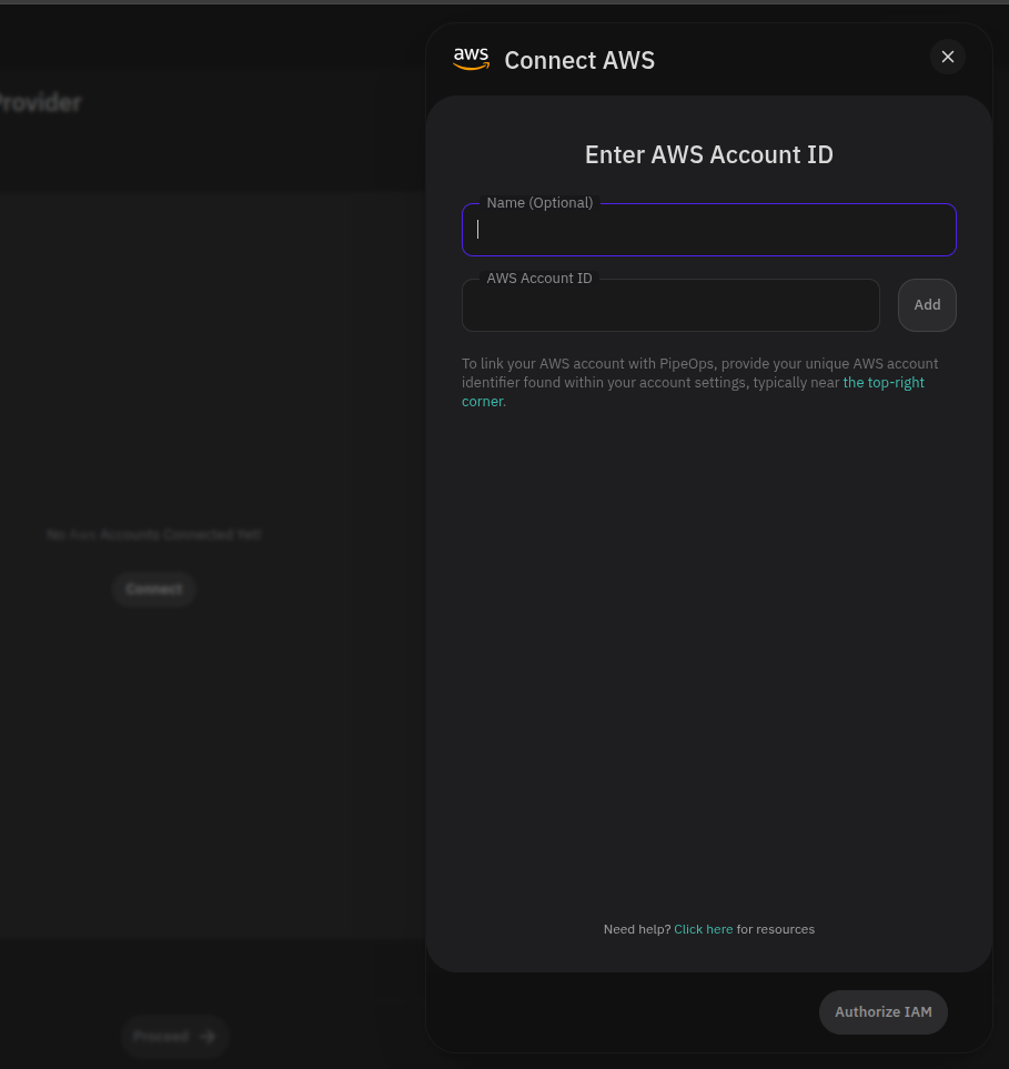 Connect AWS panel
