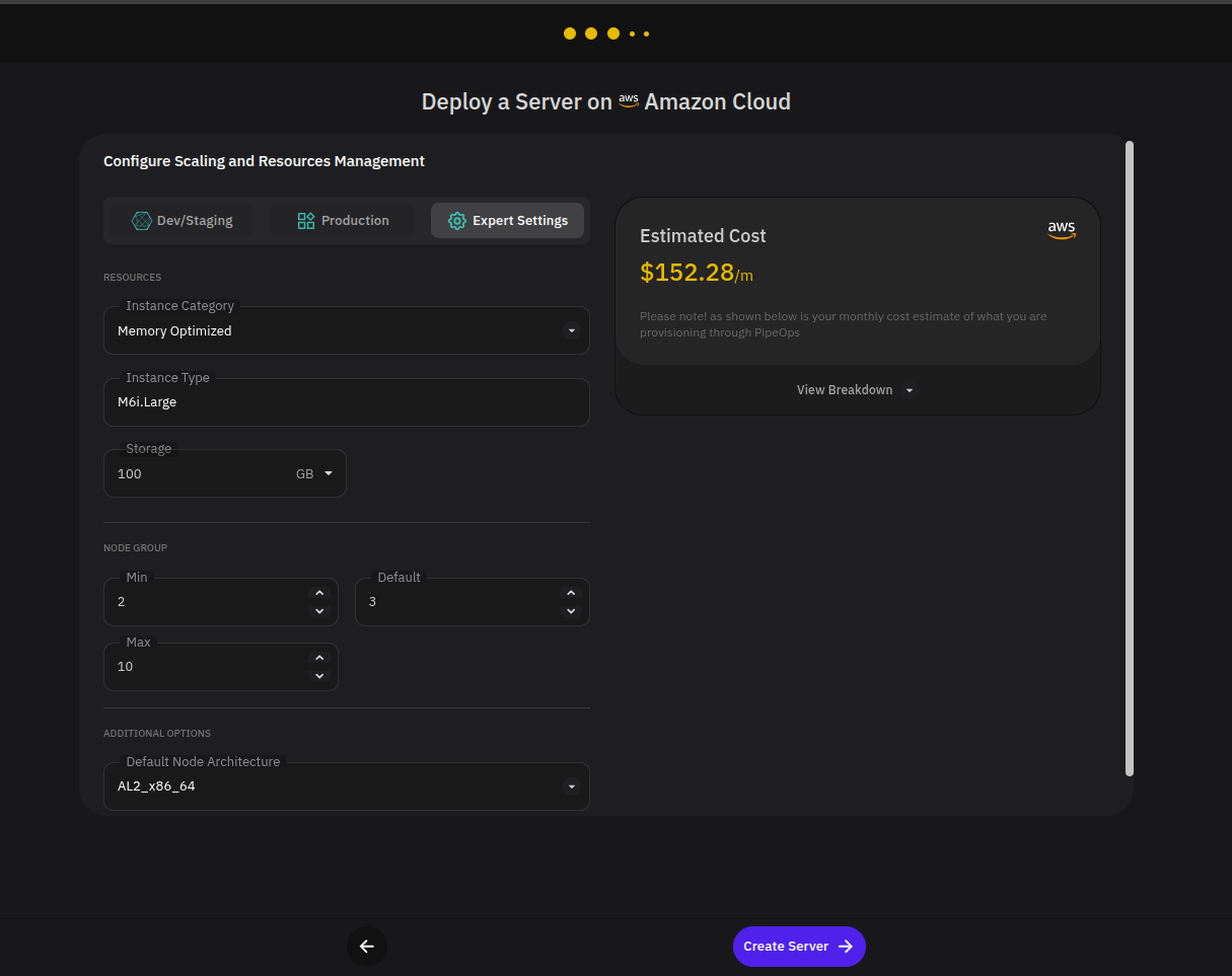 Expert Settings page with instance, storage, node group, and architecture options