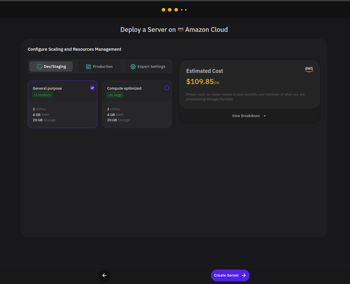 Custom configuration page with Dev/Staging resources and estimated cost