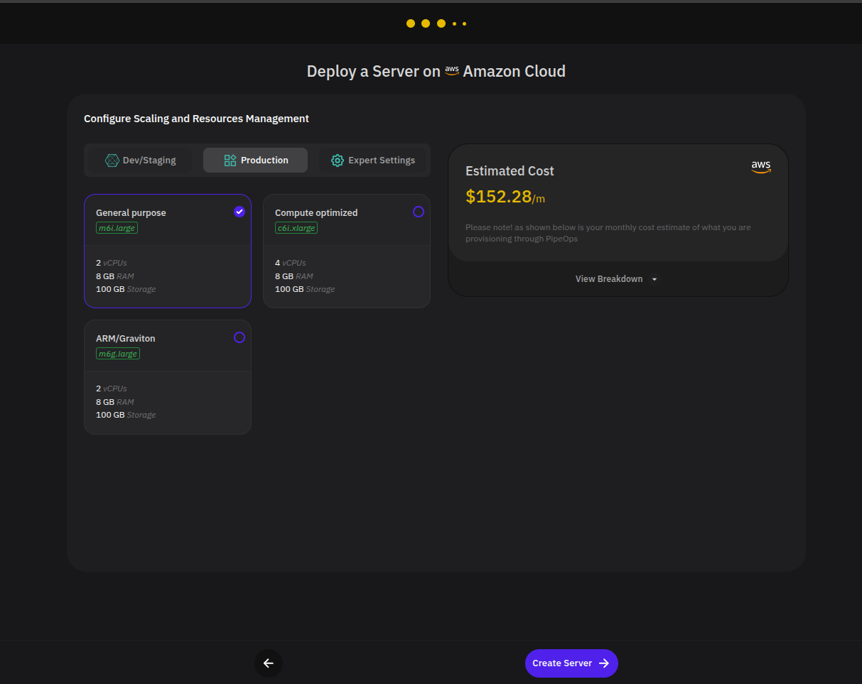 Custom configuration page with Production resources and estimated cost