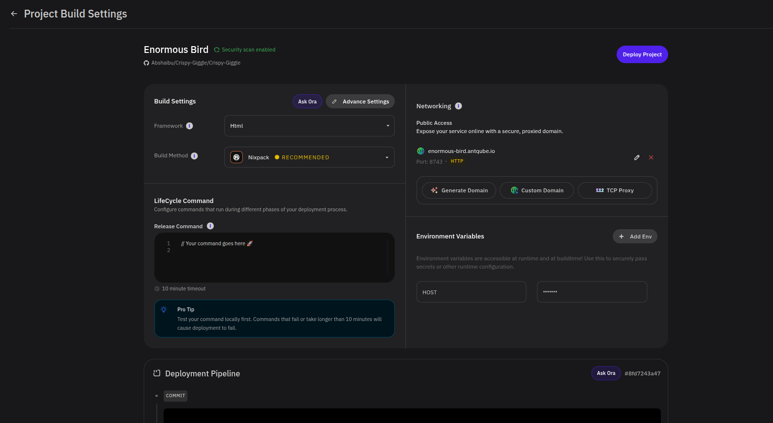 Project Build Settings page