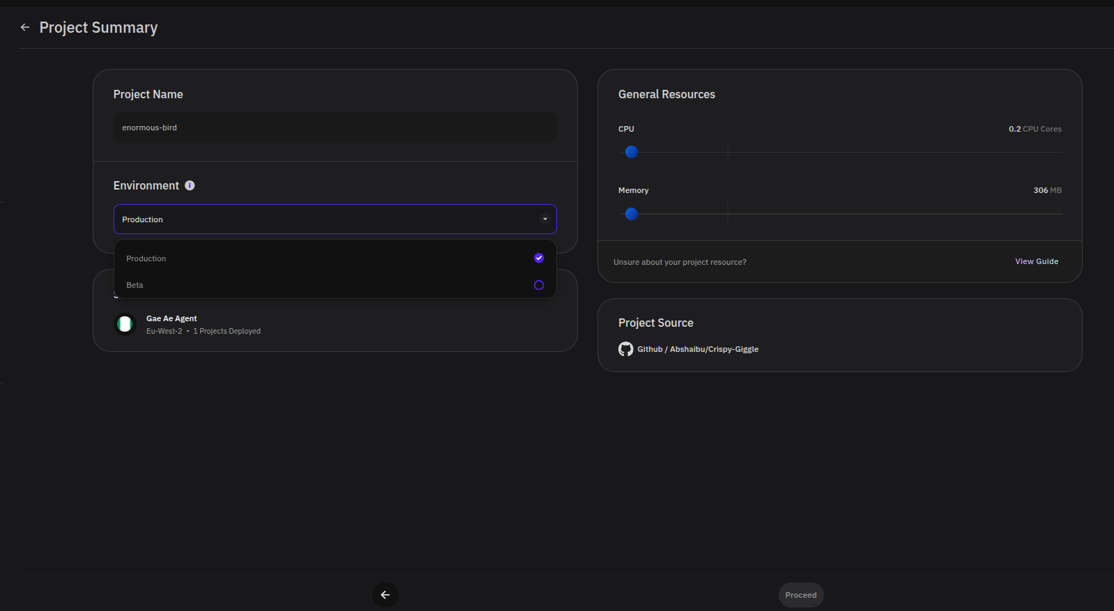 Environment dropdown