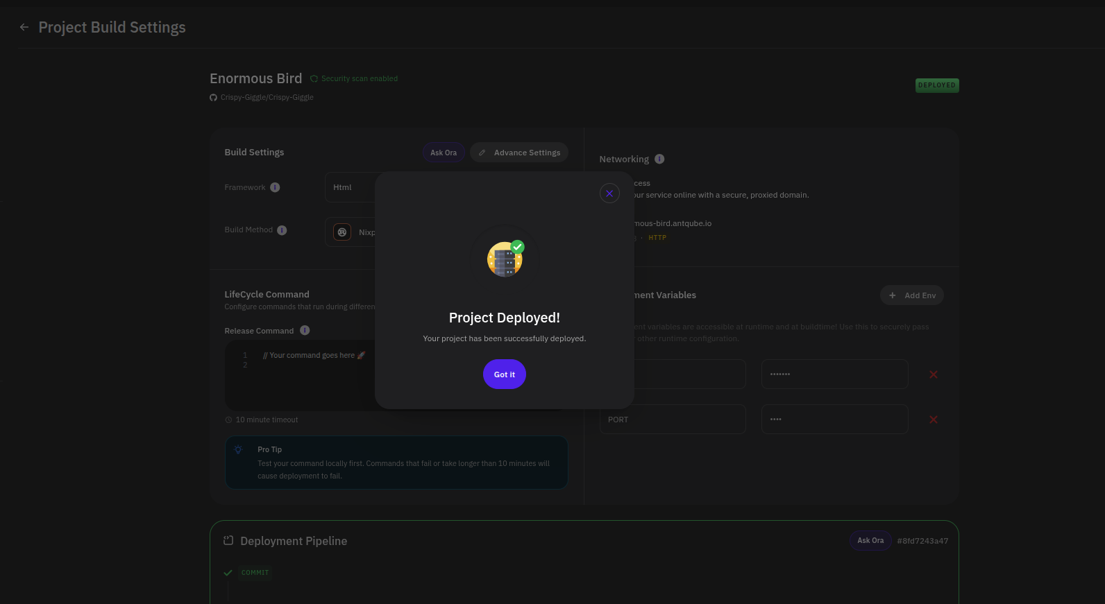 Project Deployed success modal