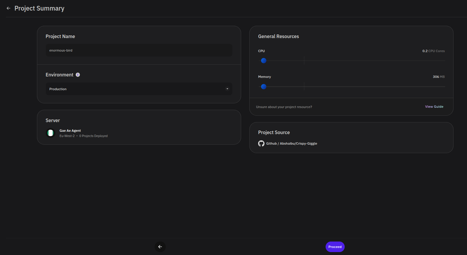 Project Summary page showing the BYOS server as the target