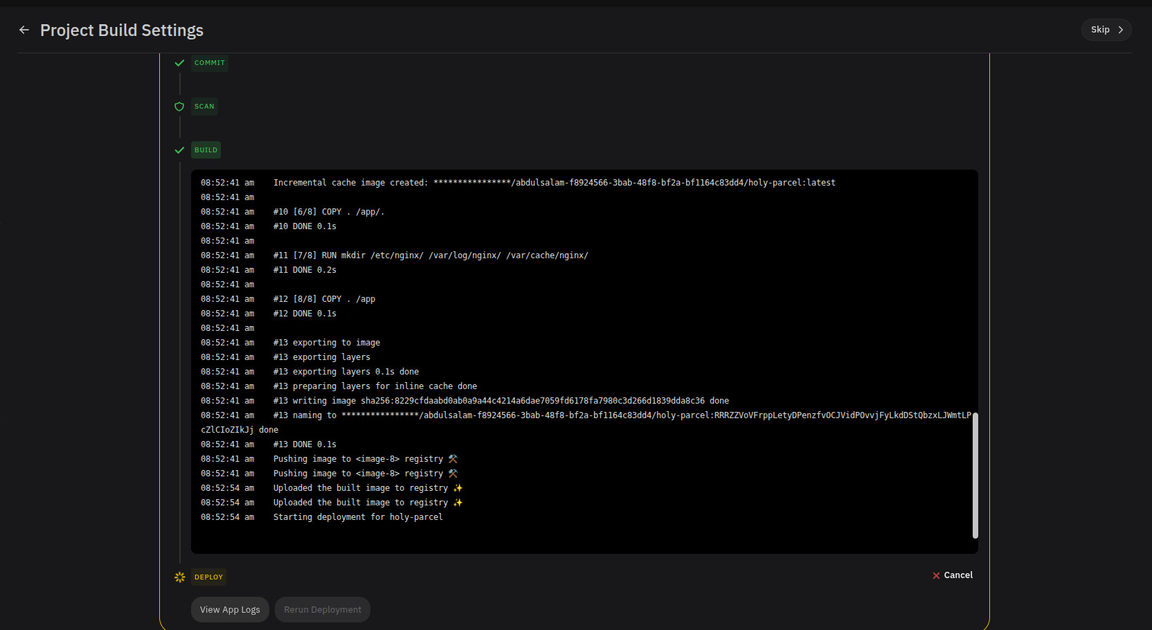 Deployment pipeline with live build logs