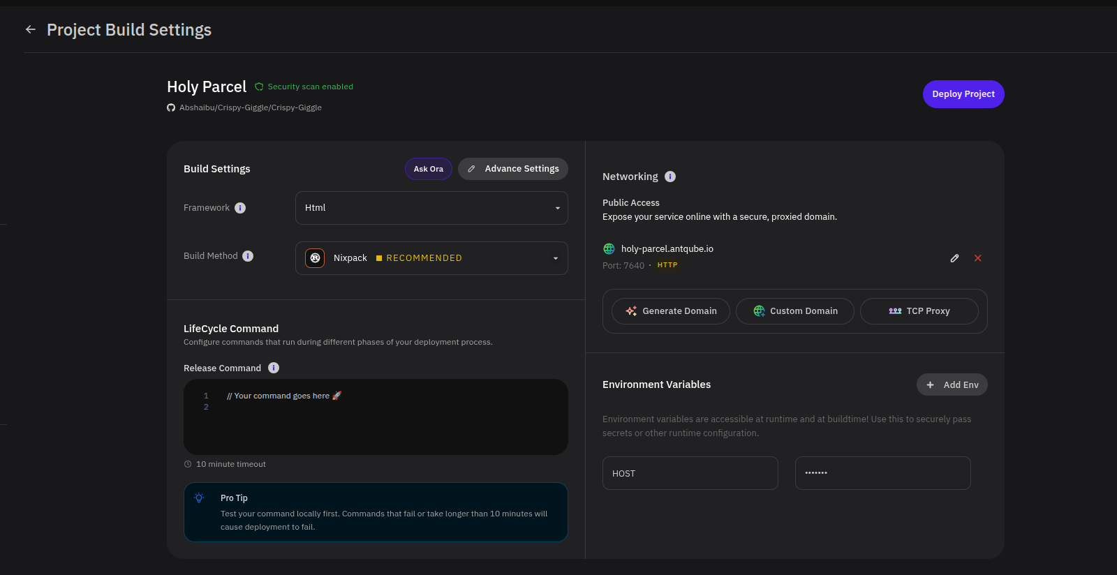 Project Build Settings page