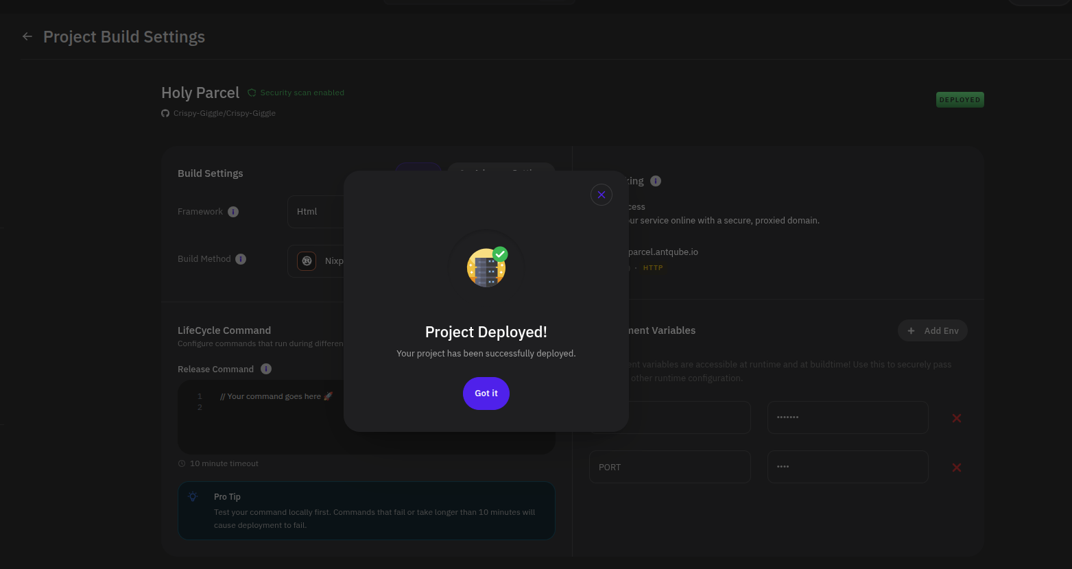 Project Deployed success modal