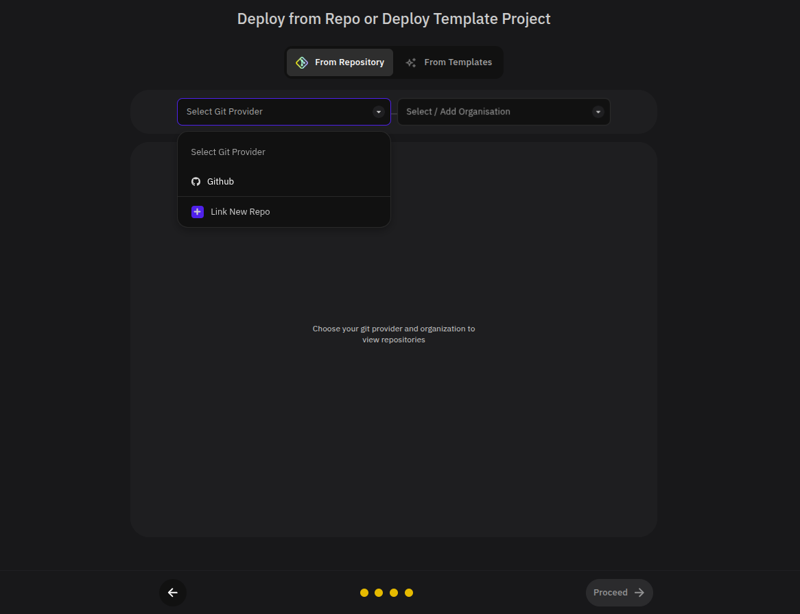 Deploy from repository page with Git provider selection