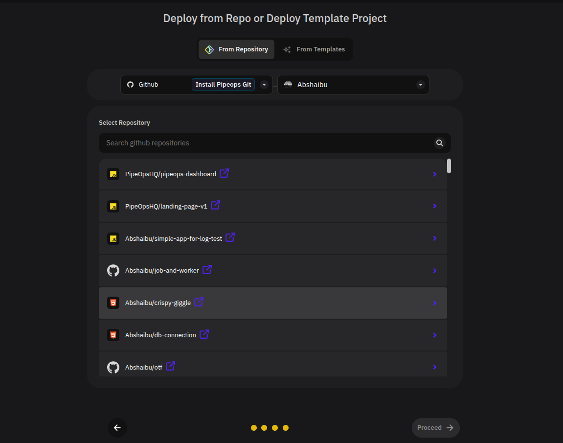 Repository selection list with search field
