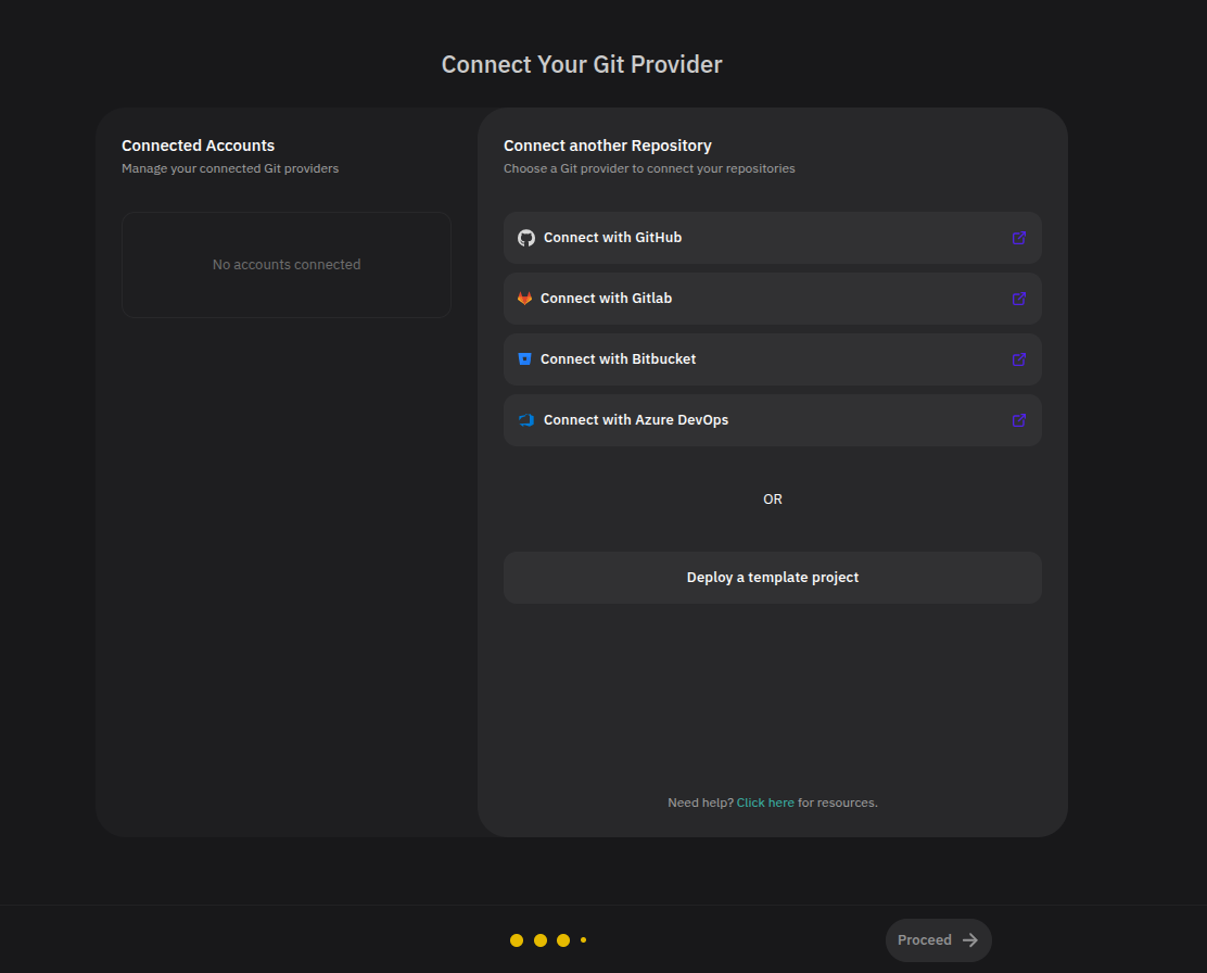 Connect Your Git Provider page with the Deploy a template project button