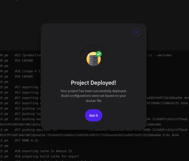 Project Deployed confirmation modal