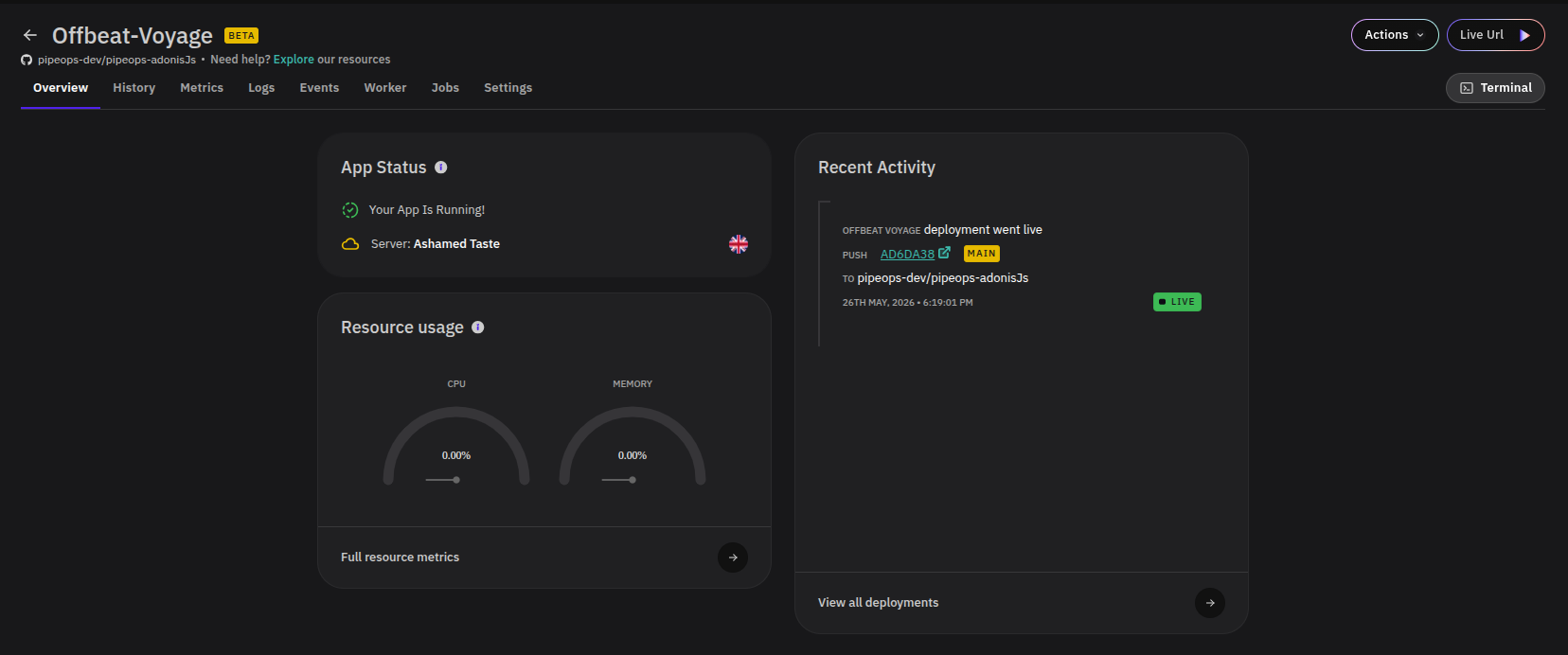 Project overview page showing app status, recent activity, and Live Url button