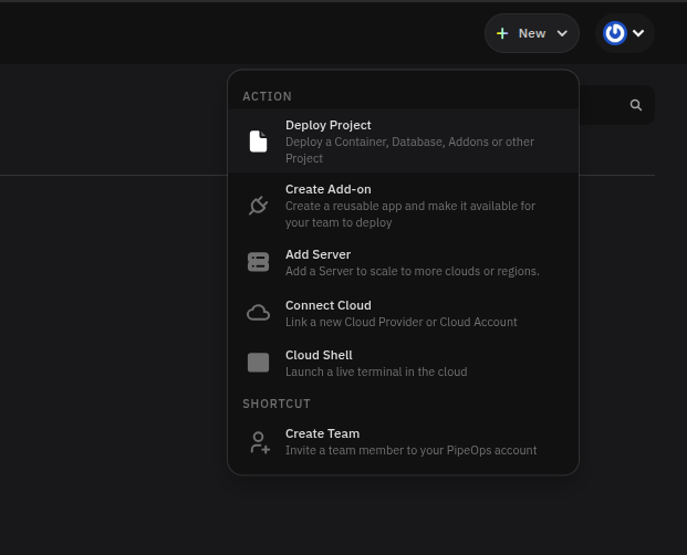 New menu showing the Deploy Project action