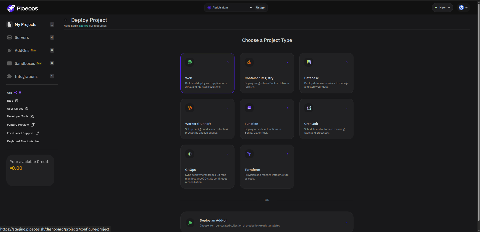 Deploy Project page showing project type cards with Web selected