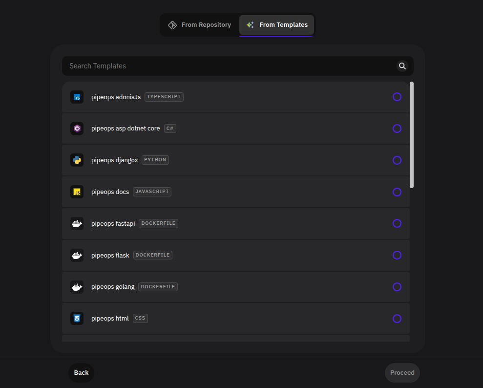 From Templates tab showing the template list and Proceed button