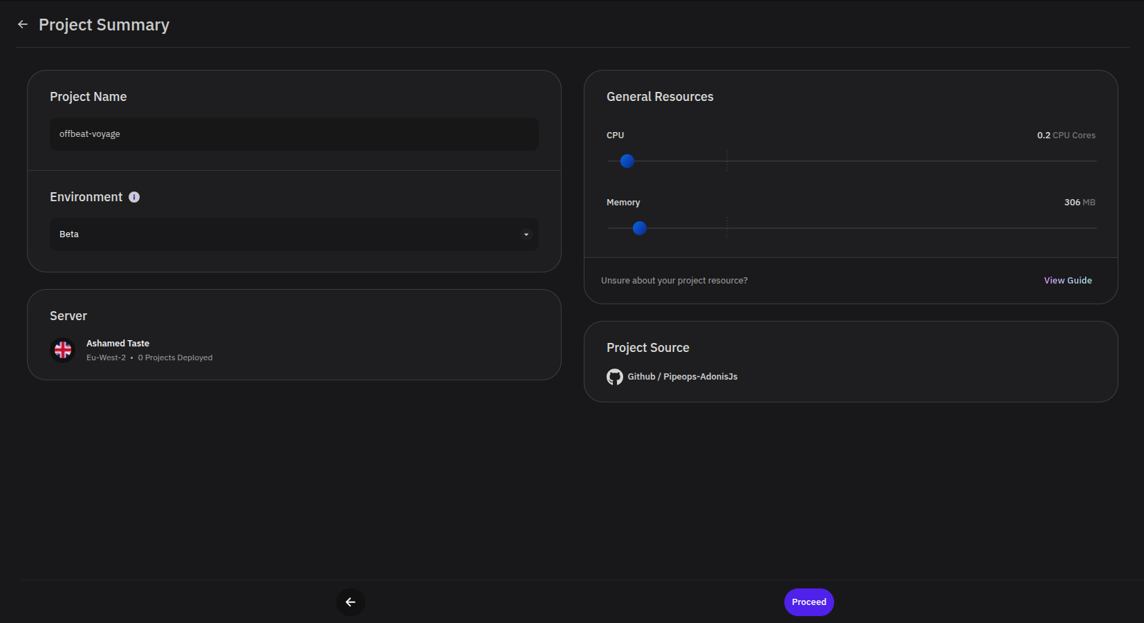 Project Summary page showing project name, environment, server, resources, and project source