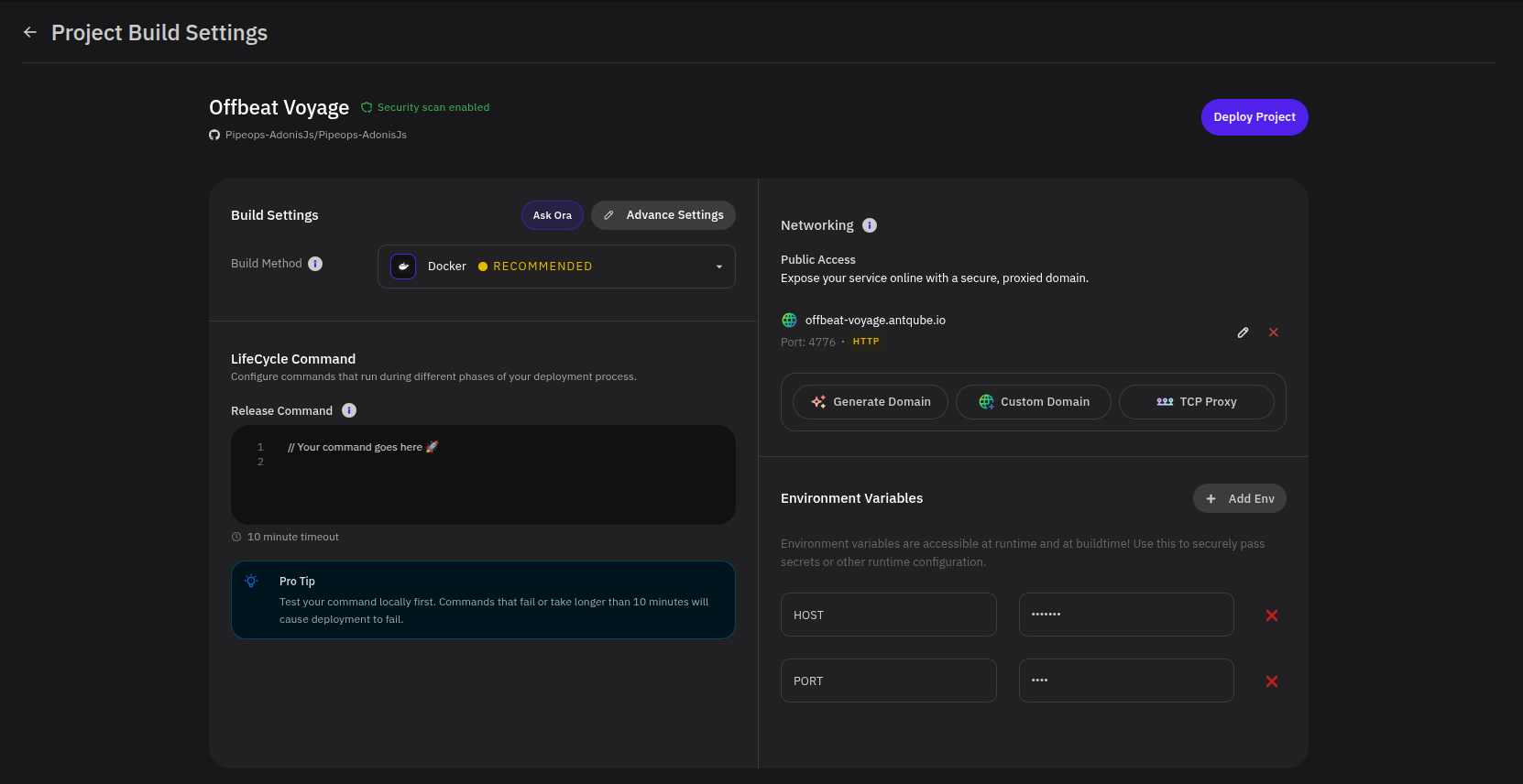 Project Build Settings page showing build method, networking, and environment variables