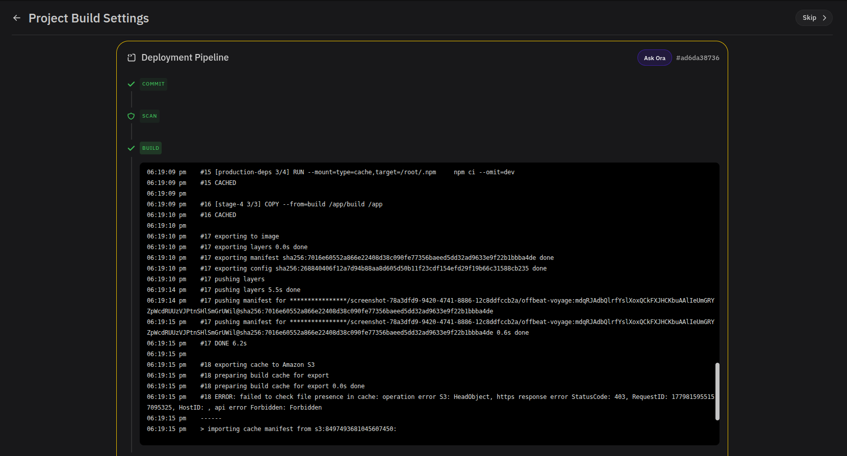 Deployment Pipeline page showing commit, scan, and build logs