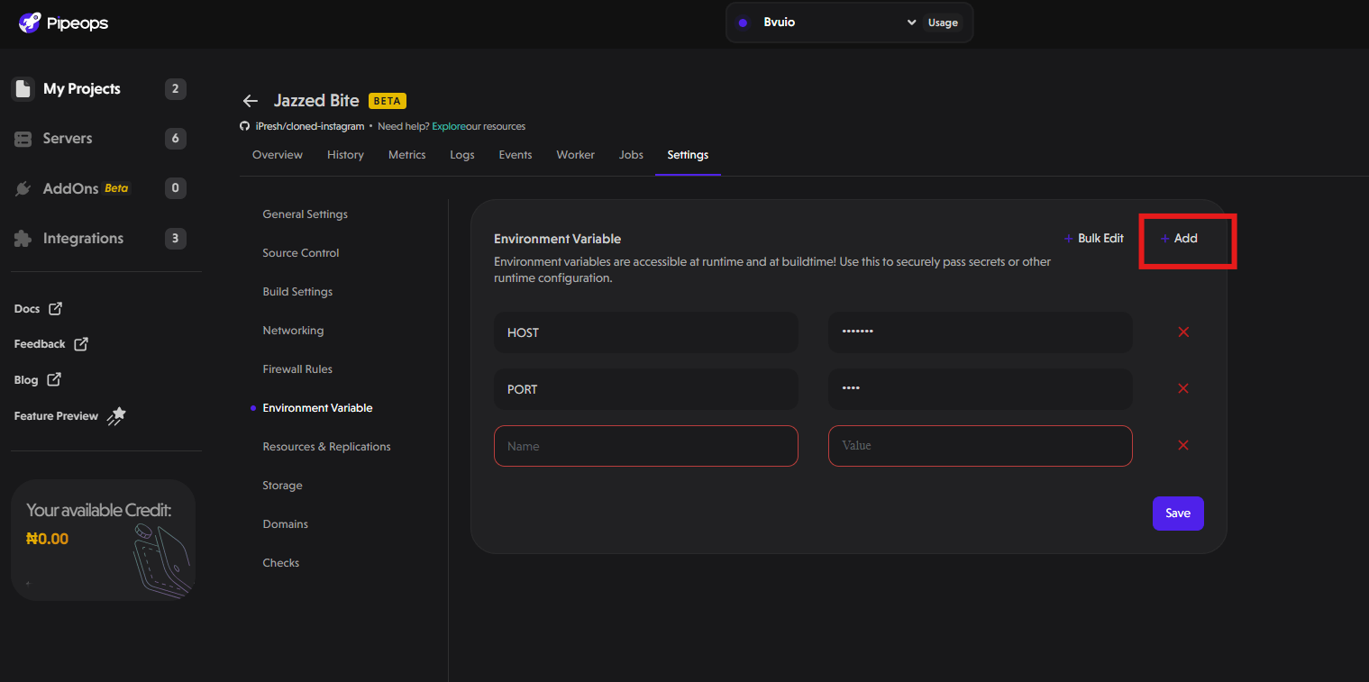 Project Env Add Button