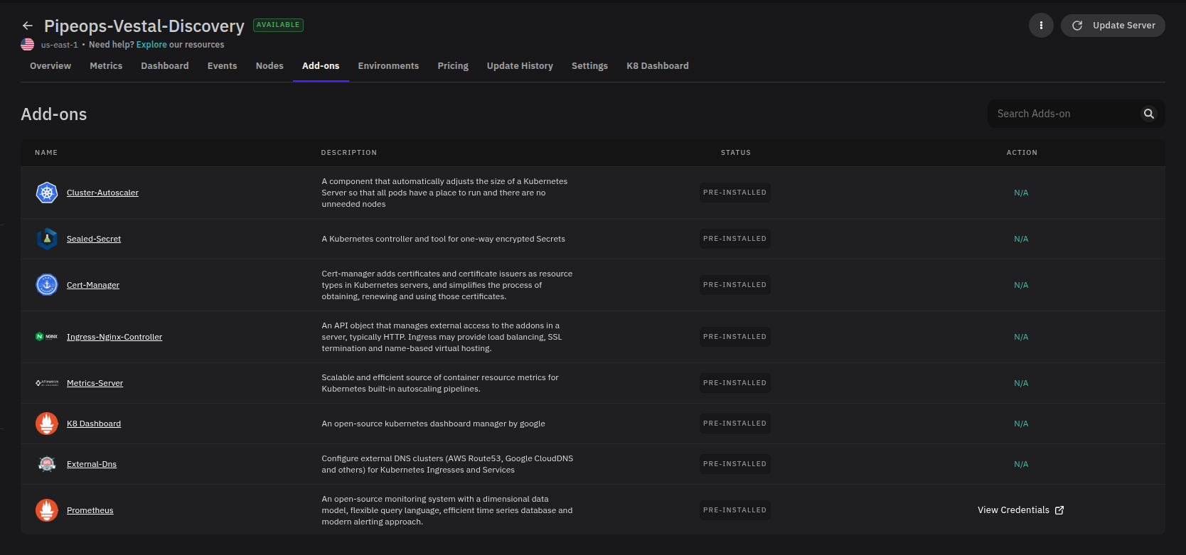 Server Add-ons tab showing pre-installed and available add-ons