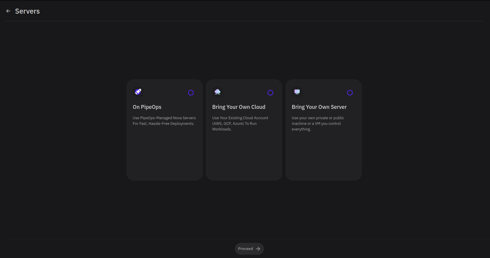 Server hosting method selection showing On PipeOps, Bring Your Own Cloud, and Bring Your Own Server options