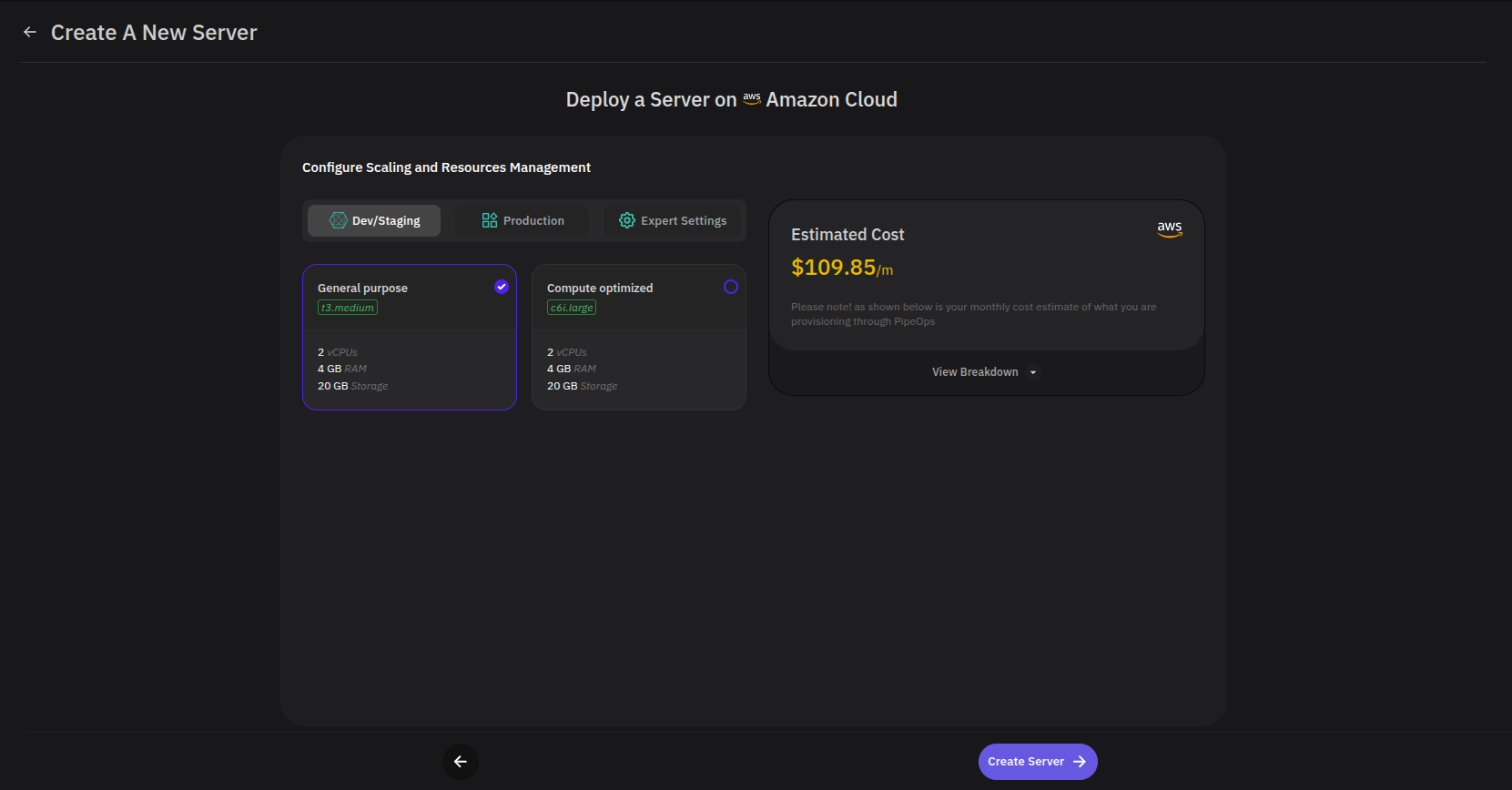 Configure Scaling and Resources Management page showing Dev/Staging, Production, and Expert Settings tabs with instance options and estimated cost