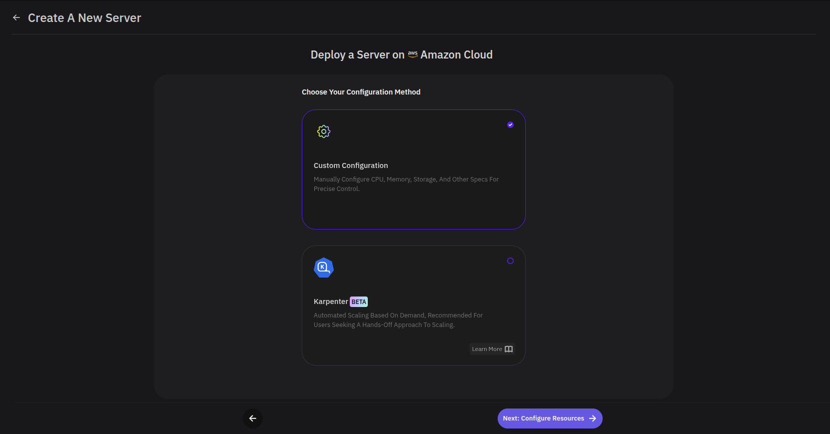 Create A New Server page showing Custom Configuration and Karpenter options