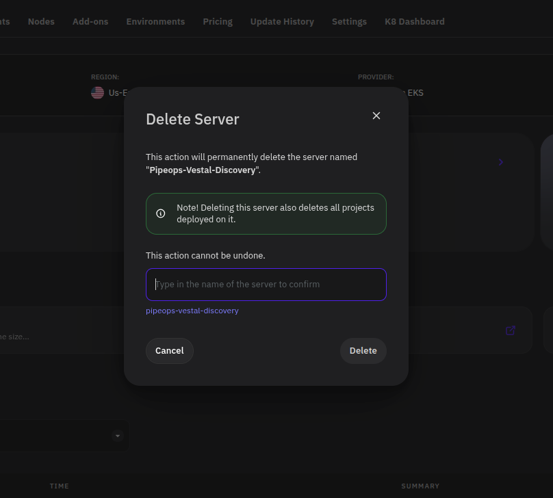Server deletion confirmation modal