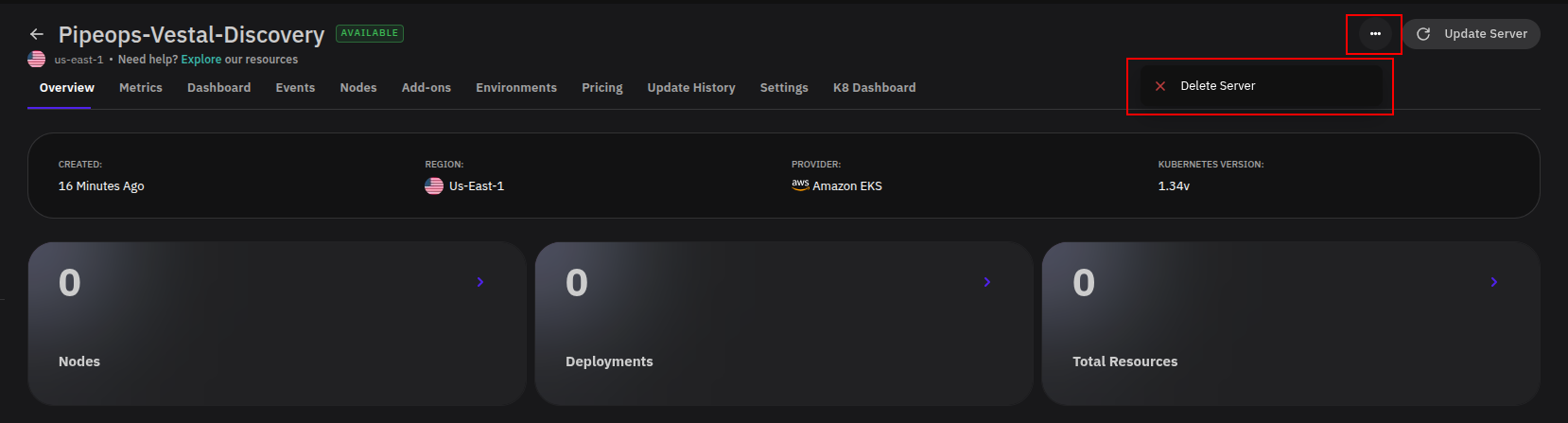 Three-dot menu on the server page revealing the delete option